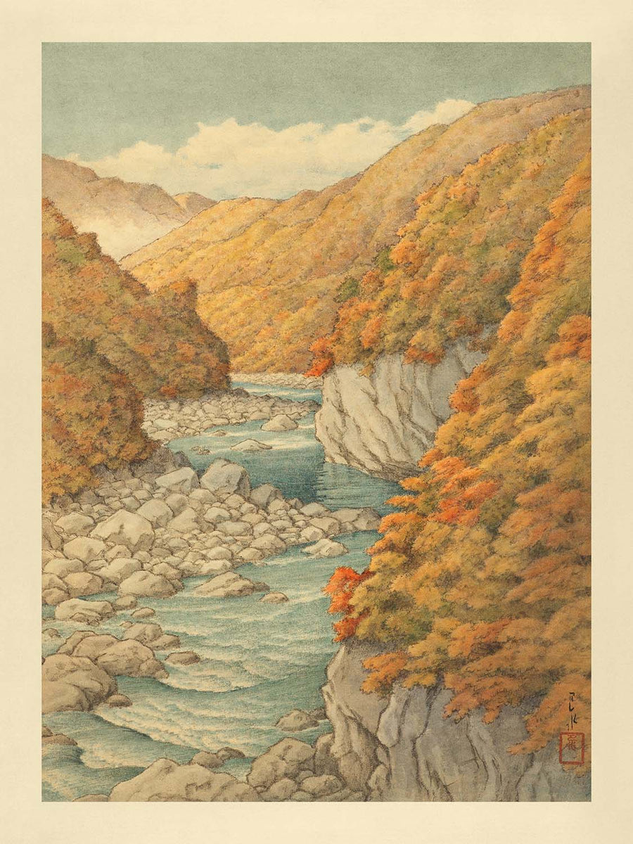 Herbstbäume und felsiger Fluss von Hasui Kawase, 1935 