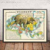 Old Serio-Comic Map of Europe & Asia, Russo-Japanese War, 1904: Russia bear motif; Suez Canal cartouche