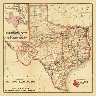 Antigua Mapa de Texas por Poole Brothers, 1909: Ferrocarril Iron Mountain, Houston, San Antonio, Dallas 