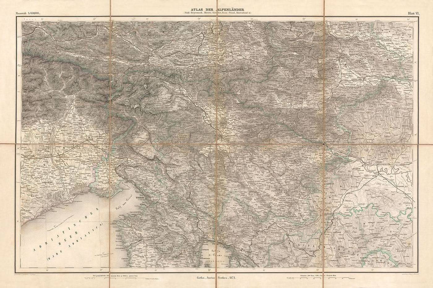 Mapa antiguo de los Alpes Orientales y Julianos por Mayr, 1874: Trieste, Eslovenia, Croacia, Mar Adriático 