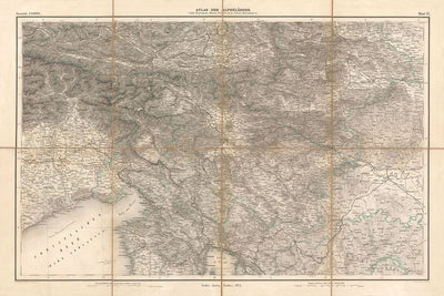 Mapa antiguo de los Alpes Orientales y Julianos por Mayr, 1874: Trieste, Eslovenia, Croacia, Mar Adriático 
