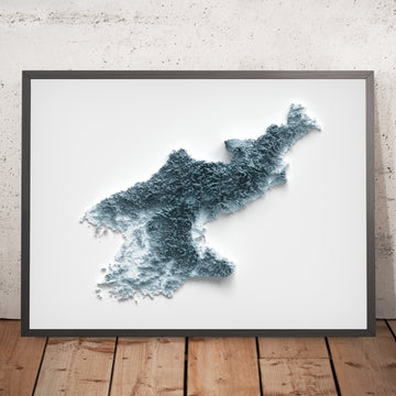 A framed image of a 3D style topographic relief map ofNorth Korea