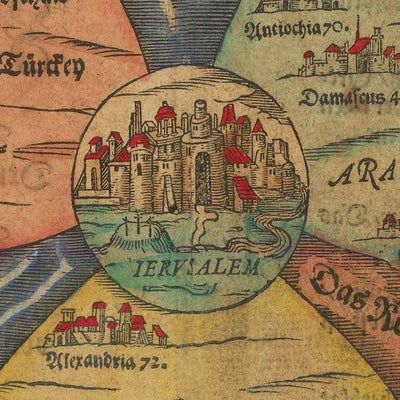 Ancienne carte du monde Cloverleaf avec Jérusalem au centre par Bunting, 1582 