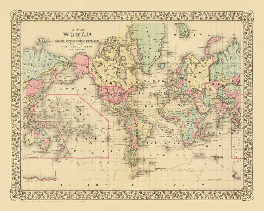 Mappa del Mondo Mercatore Antica Centrata sull&