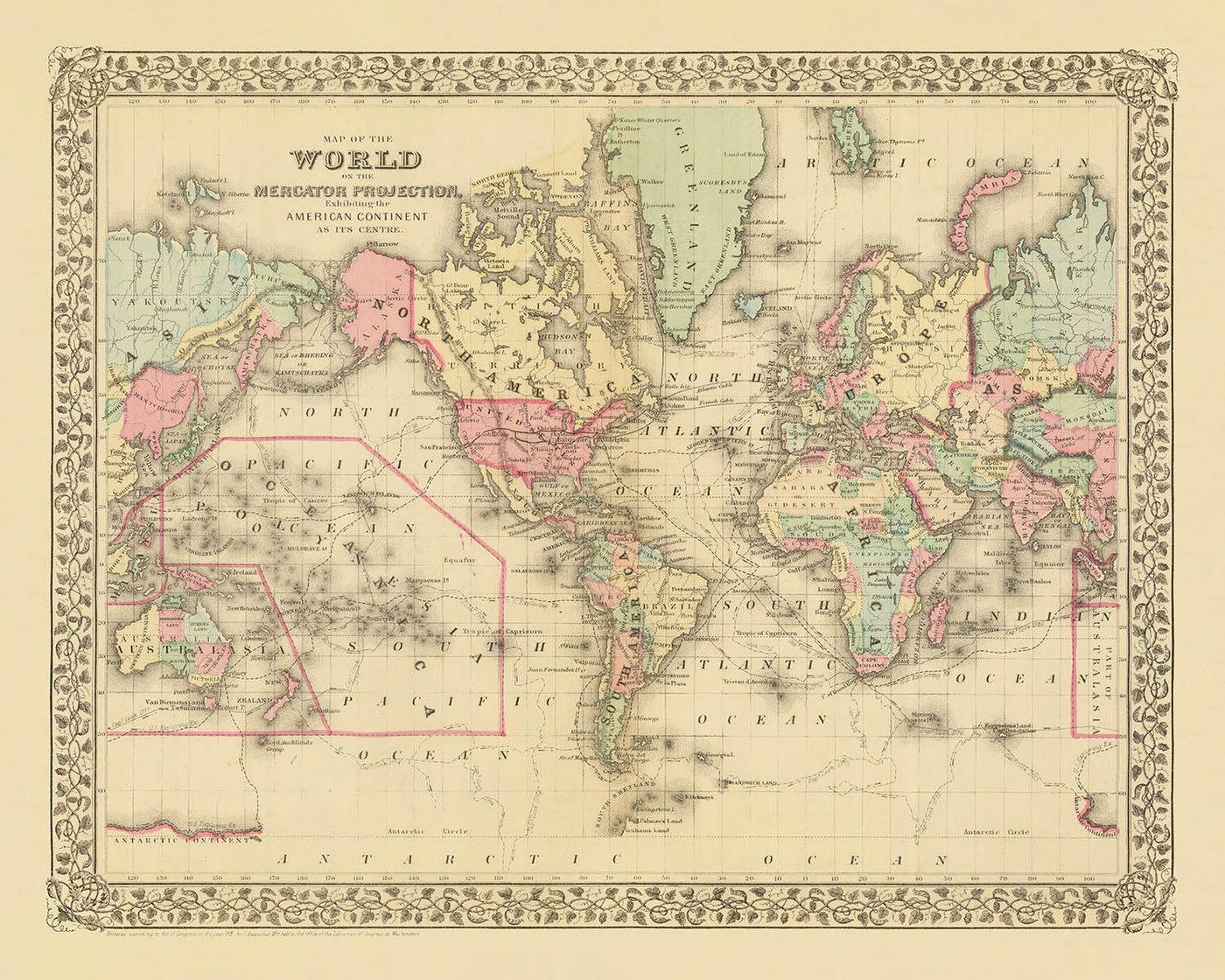 Alte Mercator-Weltkarte zentriert auf Amerika von Mitchell, 1882 