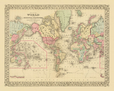 Alte Mercator-Weltkarte zentriert auf Amerika von Mitchell, 1882 