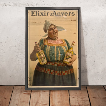 A framed image of Elixir d’Anvers Vintage Liqueur Poster by Gérard Portielje, 1910