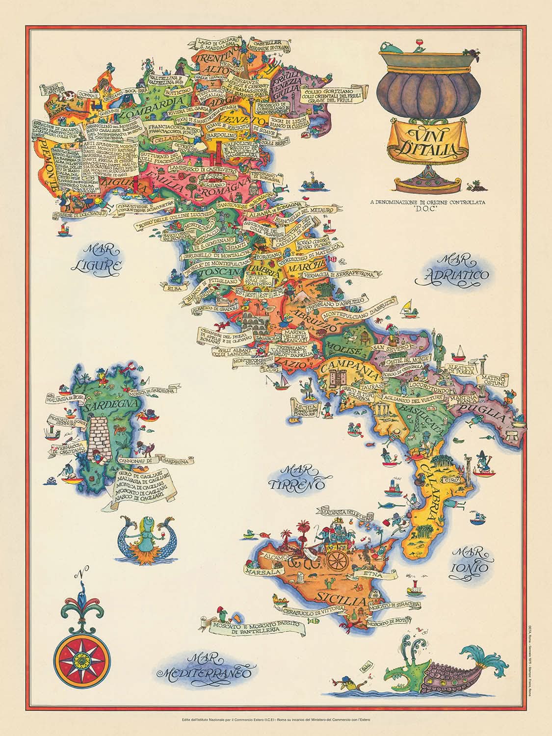 Antigua Mapa Pictórico del Vino de Italia, 1976: Regiones Vinícolas, Ilustraciones Míticas, Viticultura 