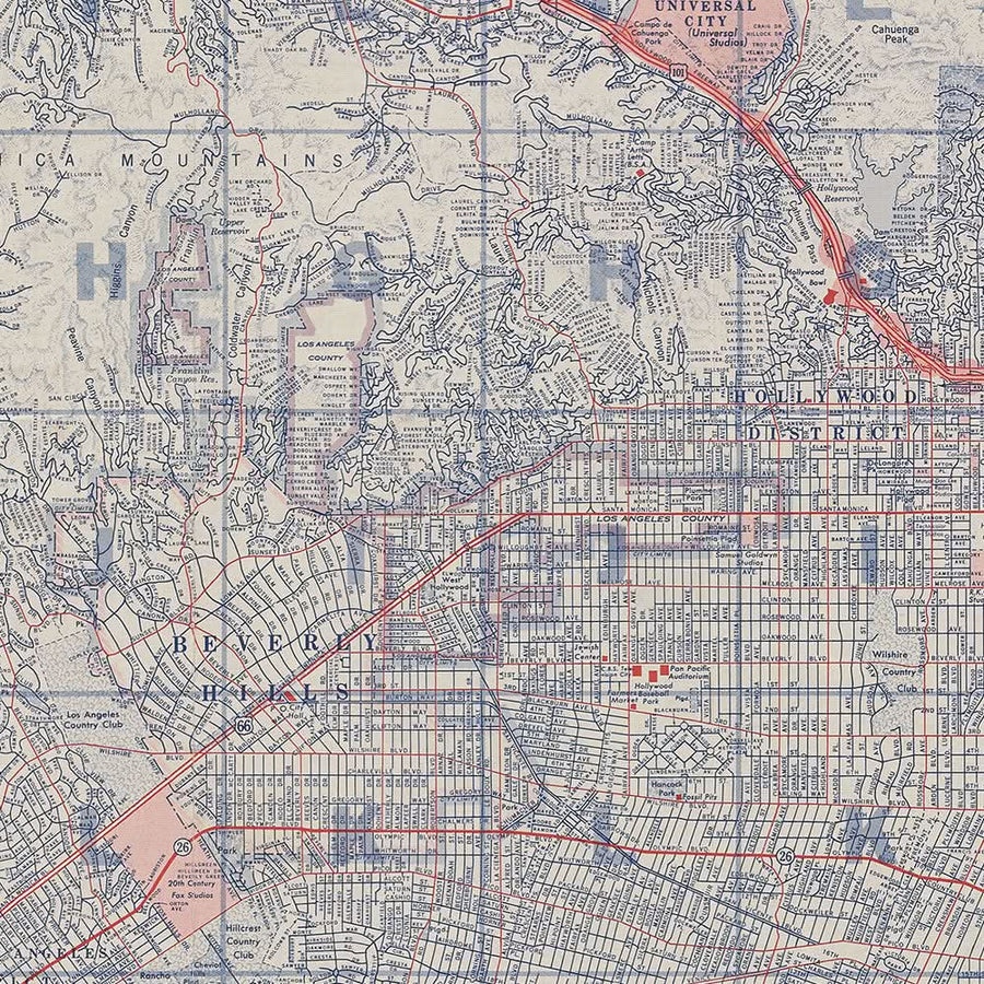Grande mappa stradale di Los Angeles, 1955: Griffith Park, Elysian Park, fiume LA, centro, Hollywood 