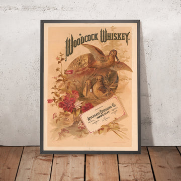 A framed image of Woodcock Whiskey Vintage Whiskey Poster, 1882