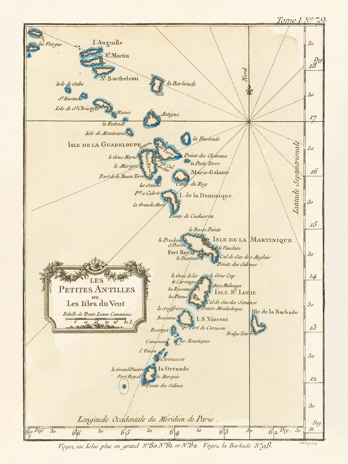 Old Map of the Lesser Antilles by Bellin, 1764: Barbados, Martinique, Guadeloupe, Antigua, Virgin Islands