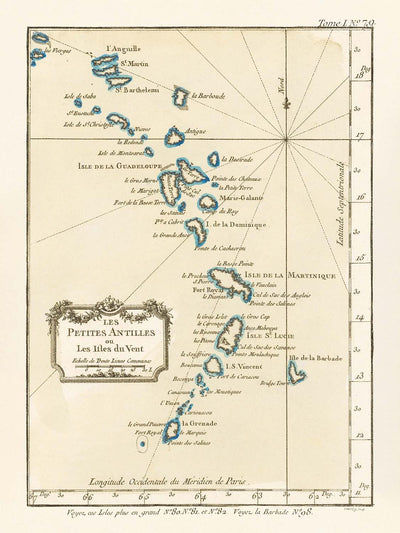 Old Map of the Lesser Antilles by Bellin, 1764: Barbados, Martinique, Guadeloupe, Antigua, Virgin Islands