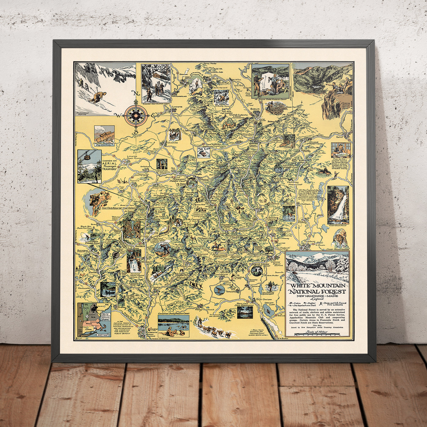 Ancienne carte picturale de la forêt nationale des White Mountains, 1930 : Mont Cannon, sentier des Appalaches, Franconia Notch, Mont Washington, Conway 