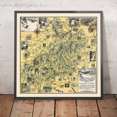 Ancienne carte picturale de la forêt nationale des White Mountains, 1930 : Mont Cannon, sentier des Appalaches, Franconia Notch, Mont Washington, Conway 