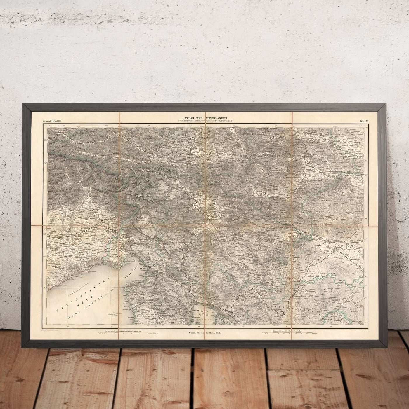 Mapa antiguo de los Alpes Orientales y Julianos por Mayr, 1874: Trieste, Eslovenia, Croacia, Mar Adriático 
