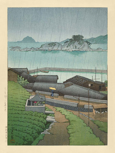 Regnerisches Küstendorf in Japan von Hasui Kawase 1935 