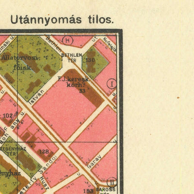 Mapa antiguo de Budapest de Kogutowicz, 1907: Andrássy út, Erzsébet körút, río Danubio, ferrocarriles, parques