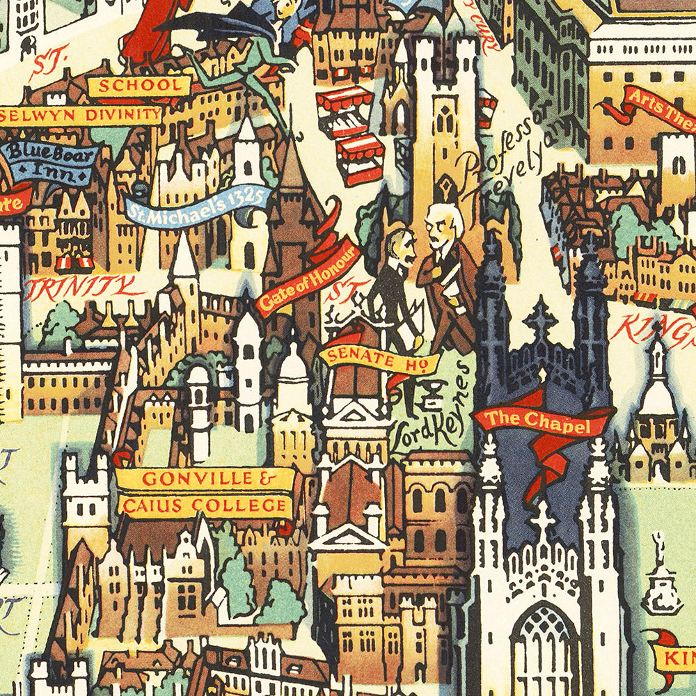 Old Pictorial Map of Cambridge by Lee, 1948: King's College, River Cam, Bridge of Sighs, Trinity College, St. John's
