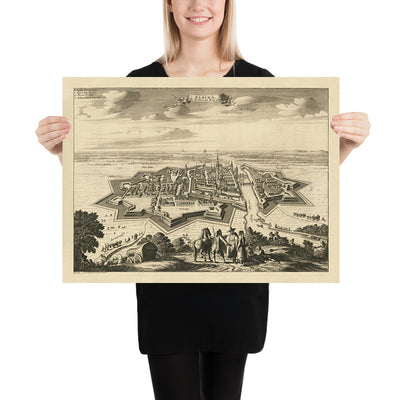 Old Bird's Eye Map of Elbląg, Poland, 1725: Fortified Walls, Maritime Routes, Churches, Rural Landscape