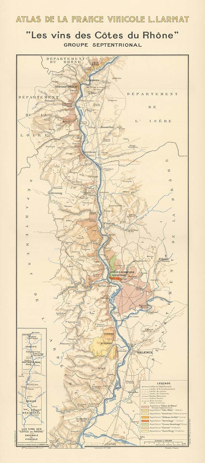 Ancienne carte des vins des Côtes du Rhône par Larmat, 1944 : cépages, villes 