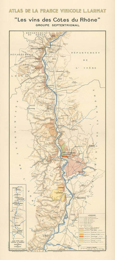 Ancienne carte des vins des Côtes du Rhône par Larmat, 1944 : cépages, villes 