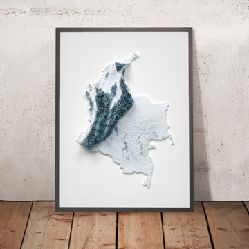 A framed image of a 3D style topographic relief map ofColombia