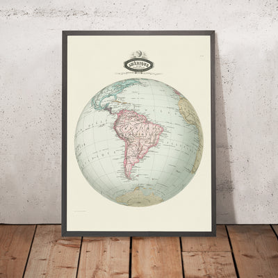 Old Spherical Map of South America by Garnier, 1860