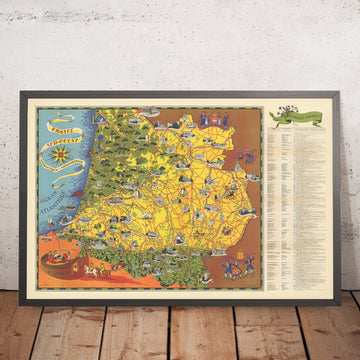 Mappa Pittorica del Sud-Ovest della Francia di Flornoy Jean, 1950: Tolosa, Bordeaux, Pirenei, Fiume Garonna, Cammino di Santiago 