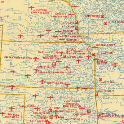 Antigua Mapa Militar de los Estados Unidos por Rand McNally, 1944: WW2, Aeródromos, Bases Navales y del Ejército 