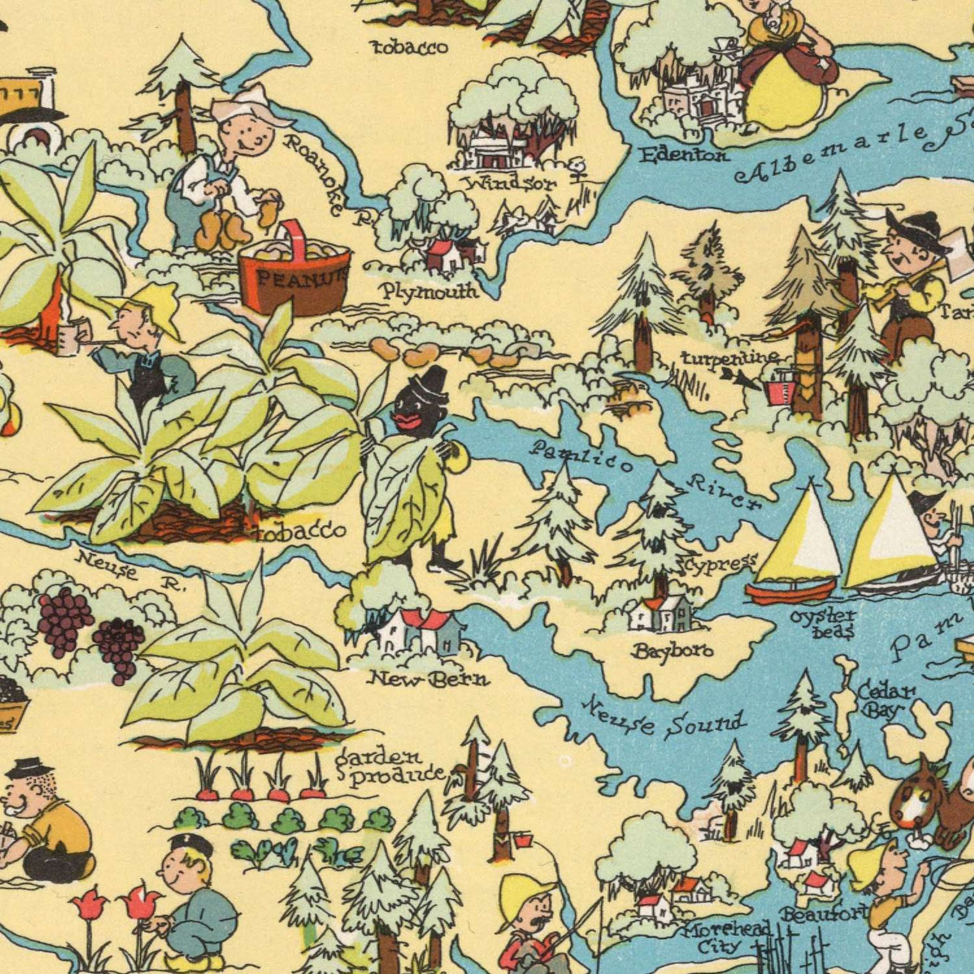 Old Pictorial Map of North Carolina by Ruth Taylor White, 1935: Charlotte, Raleigh, Appalachian Mountains, Outer Banks, Textile Mills