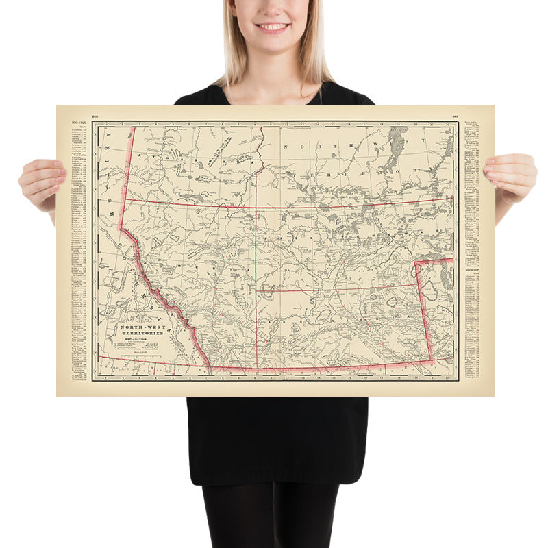 Ancienne carte du territoire du Nord-Ouest du Canada par Cram, 1891 : Edmonton, Calgary, chemins de fer 