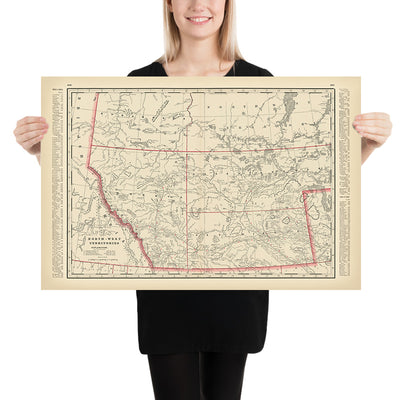 Ancienne carte du territoire du Nord-Ouest du Canada par Cram, 1891 : Edmonton, Calgary, chemins de fer 