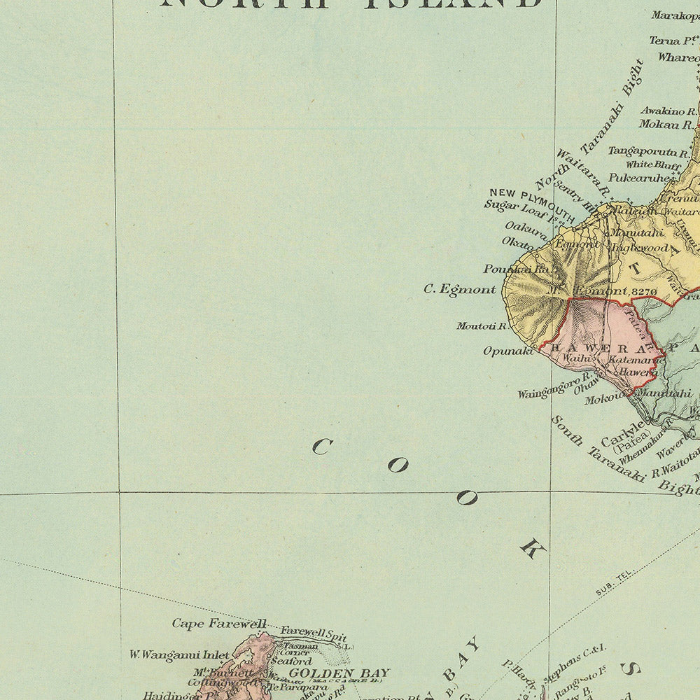 Ancienne carte de la Nouvelle-Zélande par Stanford, 1887 : Auckland, Wellington, Alpes du Sud, Île Stewart, Comtés 
