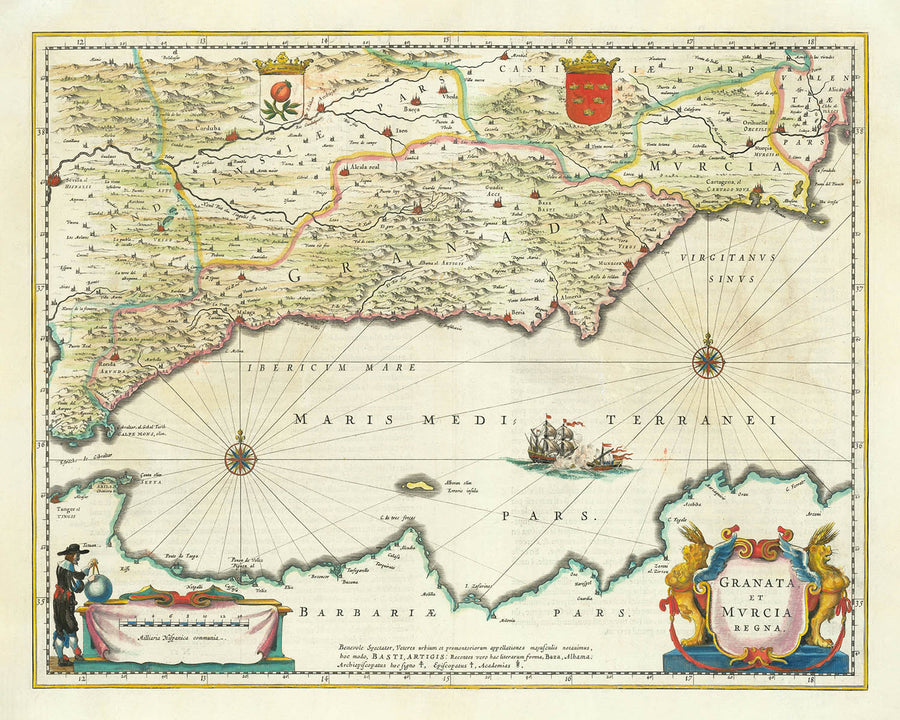 Antica mappa del sud della Spagna di Blaeu, 1640: Granada, Murcia, Malaga, Battaglia navale 