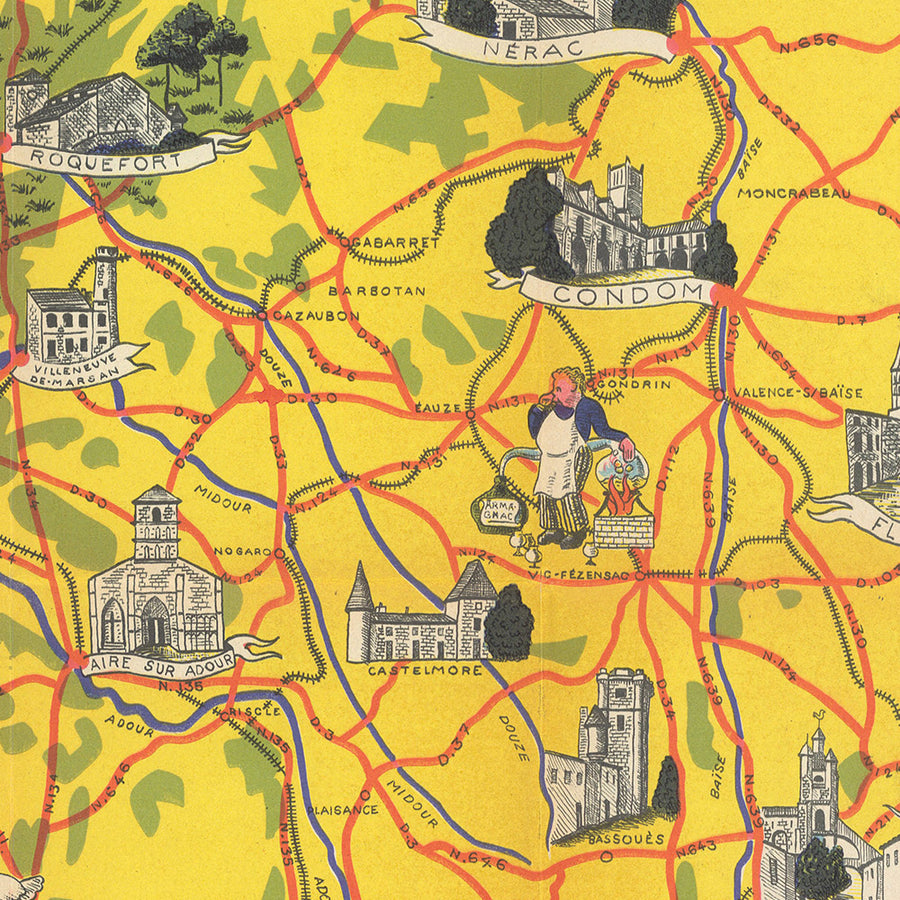 Mappa Pittorica del Sud-Ovest della Francia di Flornoy Jean, 1950: Tolosa, Bordeaux, Pirenei, Fiume Garonna, Cammino di Santiago 
