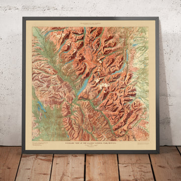 Old Relief Map of Glacier National Park, Montana, 1914: Logan Pass, St. Mary L., L. McDonald, Many Glacier, Chief Mt