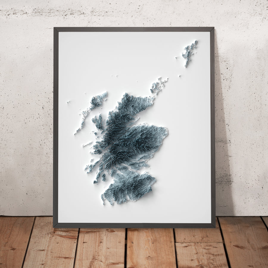 A framed image of a 3D style topographic relief map ofScotland