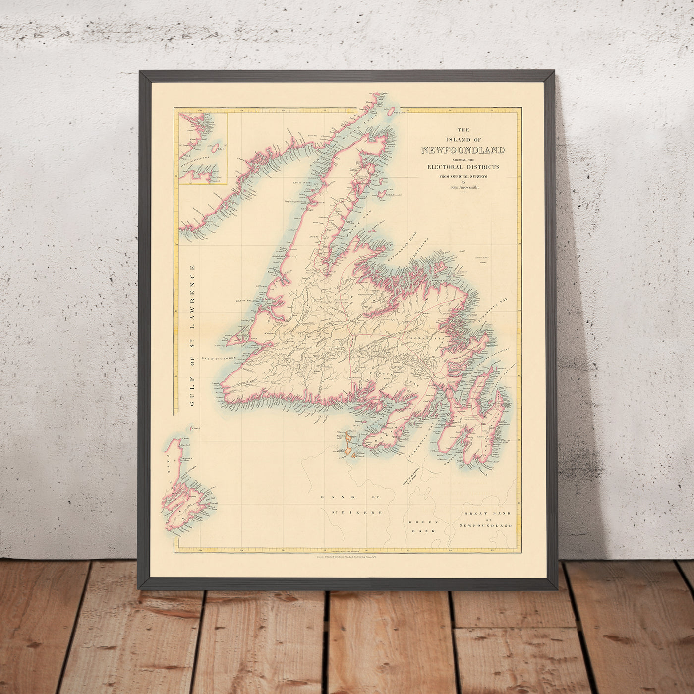 Old Map of Newfoundland by Arrowsmith, 1884: St. John's, Great Bank, Trinity Bay, Rivers, Electoral Districts