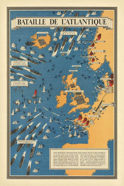 Ancienne carte picturale de la bataille de l'Atlantique par Blake, 1944 : Royaume-Uni, sous-marins, convois 