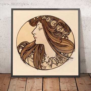 A framed image of Stained Glass for the Façade of the Fouquet Boutique by Alphonse Mucha, 1860