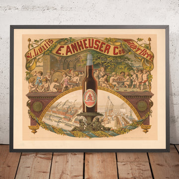 A framed image of E. Anheuser Co.’s Brewing Association Vintage Lager Beer Poster, 1879