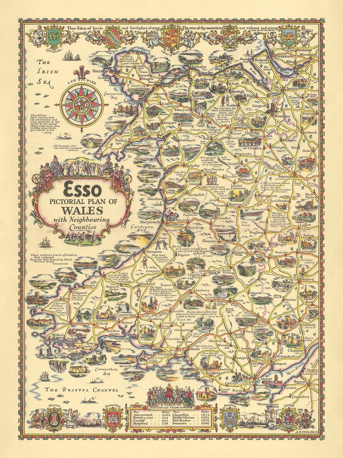 Antigua mapa de Esso de Gales por AE Taylor, 1934 