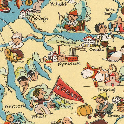 Pictorial Map of New York by Ruth Taylor White, 1935: NYC, Niagara Falls, Adirondacks, Erie Canal, Hudson River