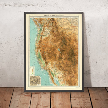 Old Map of Western United States by Bartholomew, 1922: Yosemite inset, Rockies, Sierra Nevada, Cascades, Columbia R