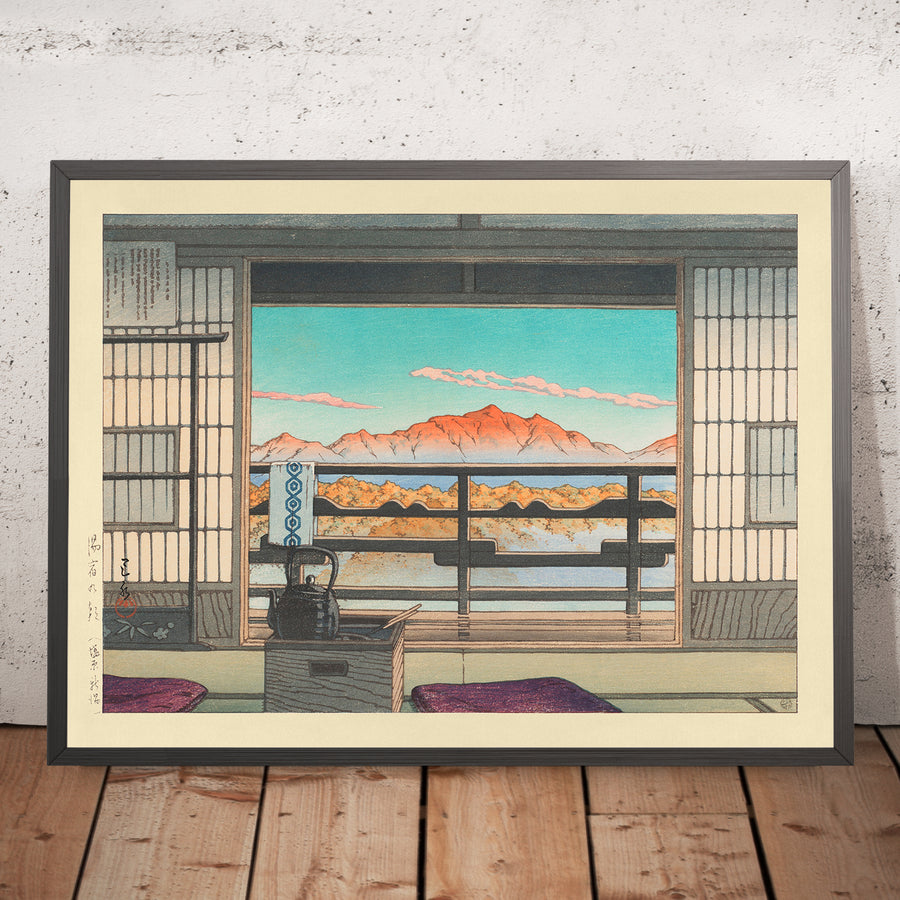 A framed image of Morning at the Arayu Spa Hotel in Shiobara by Hasui Kawase, 1935