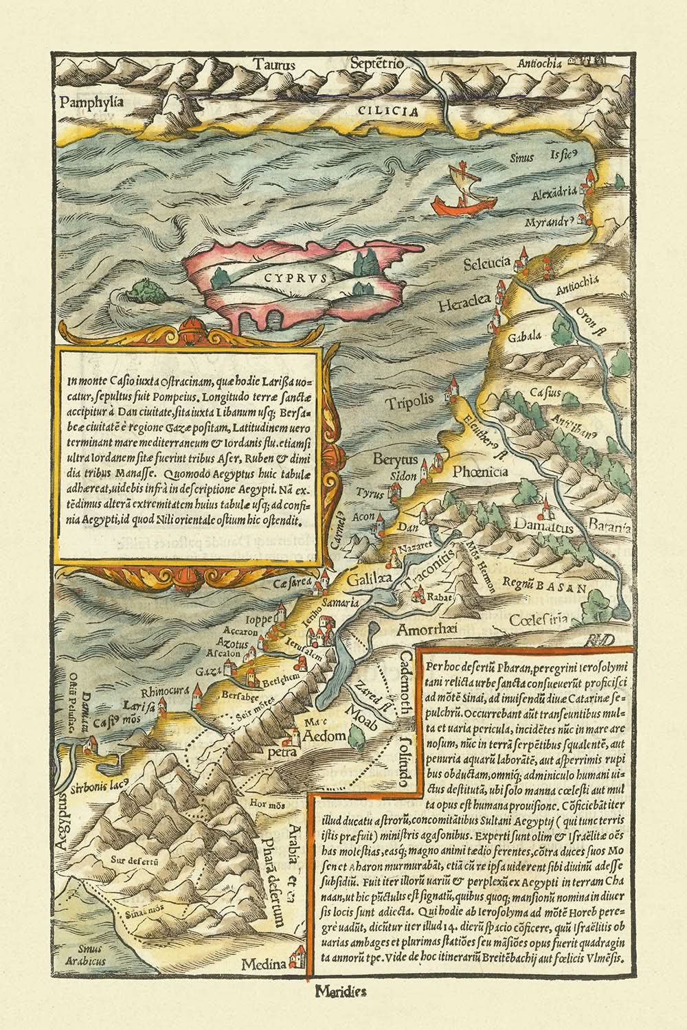 Old Map of Cyprus & Holy Land by Münster, 1554: Jerusalem, Mount Sinai, Medina, Taurus Mts