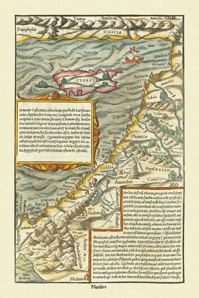 Old Map of Cyprus & Holy Land by Münster, 1554: Jerusalem, Mount Sinai, Medina, Taurus Mts