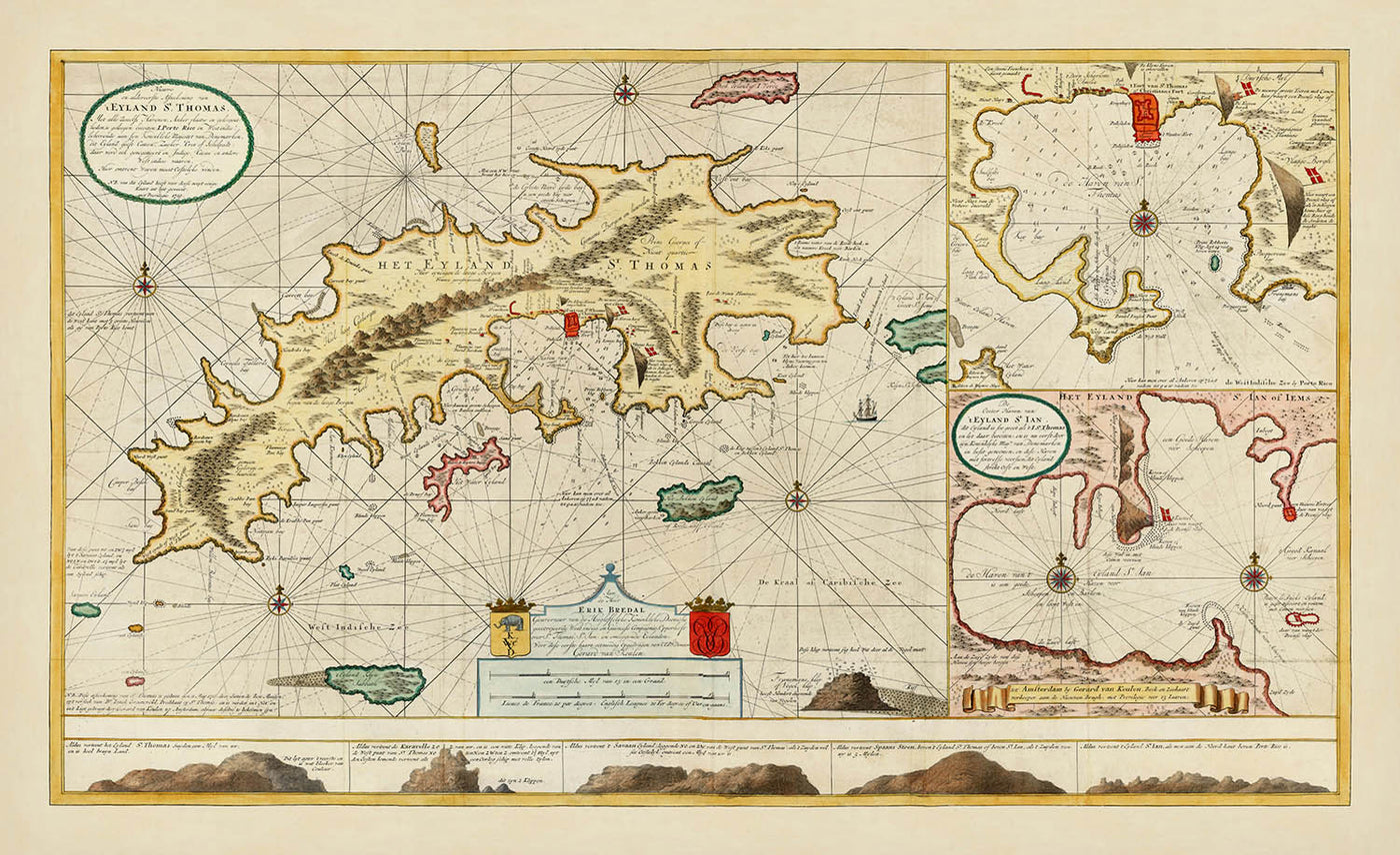 Ancienne carte nautique de St. Thomas dans les Îles Vierges par Van Keulen, 1719 