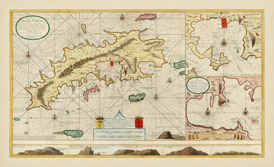 Ancienne carte nautique de St. Thomas dans les Îles Vierges par Van Keulen, 1719 