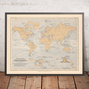 Carte ancienne du monde des courants océaniques par Johnston, 1852 : carte victorienne ; Gulf Stream, Kuroshio, Humboldt 